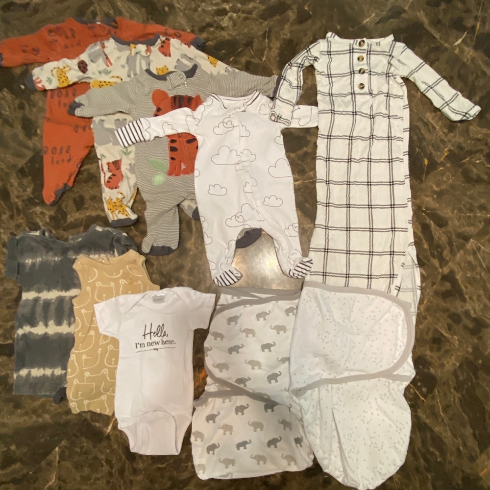 10 gently used mostly newborn size baby clothes, gap, gerber, Lou Lou brand.